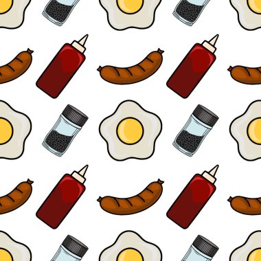 Kızarmış yumurta, sosis, ketçap şişesi ve biberlikle neşeli bir kahvaltı motifi içeren kusursuz bir vektör deseni..