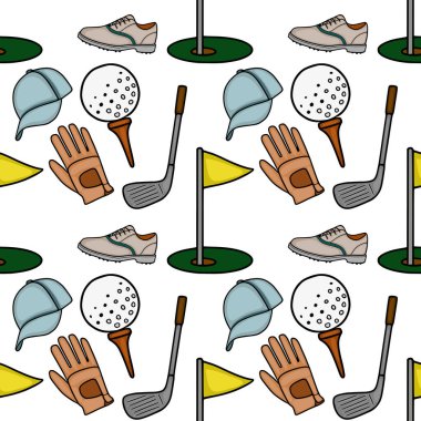 Golf topları, golf sopaları, ayakkabılar, eldivenler ve şapkalar da dahil olmak üzere golf ekipmanlarının beyaz arka planda eğlenceli bir çizimini içeren kusursuz bir vektör deseni..