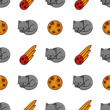 Beyaz arka planda uyuyan sevimli gri kediler, turuncu ve kırmızı gezegenler ve ateşli turuncu kuyrukluyıldızlar içeren kusursuz bir vektör deseni var. Tekstil, ağ ya da ambalaj kağıdı tasarımları için mükemmel..