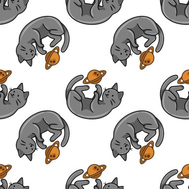 Oyuncu gri kedilerin, Satürn benzeri gezegenlerle eğlenceli bir etkileşim içinde olduğu kusursuz bir vektör deseni, tuhaf ve büyüleyici bir kozmik tasarım yaratıyor..