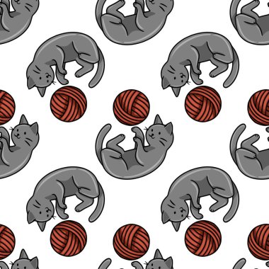 Oyuncu gri kedi yavrularının kırmızı iplik toplarıyla neşe içinde etkileşime geçerek tekstil baskıları veya duvar kağıtları için büyüleyici ve tekrarlayan bir tasarım oluşturduğu kusursuz bir vektör deseni..