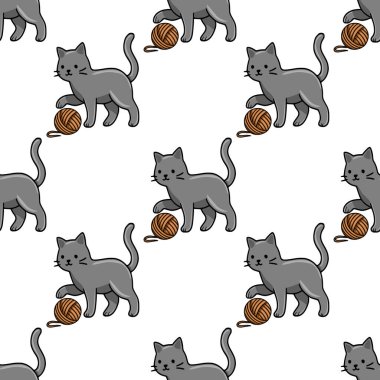 Oyuncak gri kedi yavrularının yün yumaklarıyla etkileşime girdiği kusursuz bir vektör deseni, tekstil baskıları veya çocuk ürünleri için büyüleyici bir tasarım.