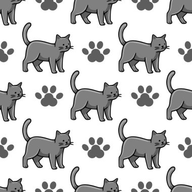 Beyaz arka planda sevimli gri kedilerin ve pati izlerinin olduğu kusursuz bir vektör deseni var. Tekstil tasarımı ya da evcil hayvan temalı projeler için mükemmel..