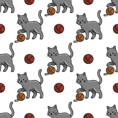 Gri renkli kedilerin kahverengi ve kırmızı renkli iplik toplarıyla etkileşime girerek büyüleyici ve tekrarlayan bir tasarım oluşturduğu kusursuz bir vektör deseni..