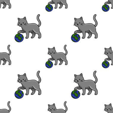 Oyuncak gri kedilerin minyatür Dünya kürelerini nazikçe tutarak çocuk ürünleri veya eko-temalı projeler için büyüleyici ve kaprisli bir tasarım yarattıkları kusursuz bir vektör deseni..