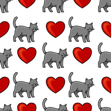 Etkileyici gri kediler ve canlı kırmızı kalpler içeren kusursuz bir vektör deseni var. Sevgililer Günü ya da evcil hayvan temalı tasarımlar için mükemmel..
