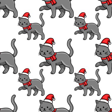 Noel Baba şapkaları ve kırmızı eşarplar takan sevimli gri kedileri içeren kusursuz bir vektör deseni, şenlikli Noel tasarımları ve kış temalı projeler için mükemmel..