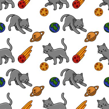 Gezegenleri, kuyrukluyıldızları ve uyduları canlı bir kozmik tasarımla kovalayan neşeli gri kedileri içeren kusursuz bir vektör deseni. Çocuk kıyafetleri ya da uzay temalı projeler için mükemmel..