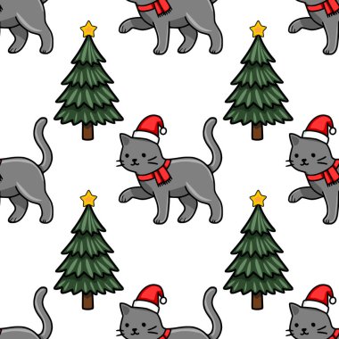 Noel Baba şapkaları ve kırmızı eşarplar takan sevimli gri kedilerin, altın yıldızlarla süslenmiş büyüleyici Noel ağaçlarının yanında neşeli bir şekilde konumlandırılıp, bir şenlik ve amigoluk yarattıkları kusursuz vektör deseni....