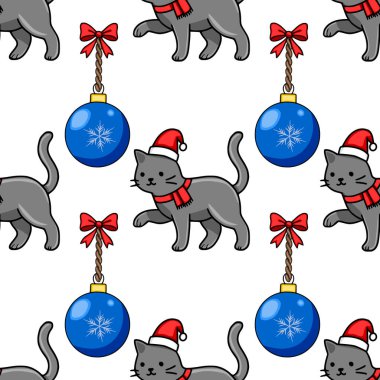 Noel Baba şapkaları ve kırmızı eşarplar takan sevimli gri kedilerin kar taneleriyle süslenmiş mavi takılarla şakalaştığı kusursuz bir Noel deseni..