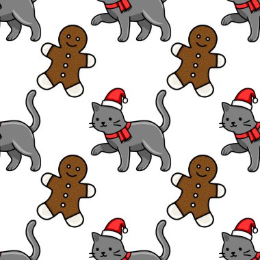 Noel Baba şapkası ve eşarp takan sevimli gri kedilerin neşeli zencefilli adamların yanında neşeli ve şen şakrak bir kış tasarımı yarattığı kusursuz bir Noel deseni..