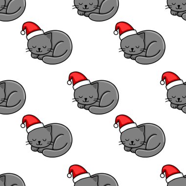 Noel Baba şapkası takan sevimli gri uyuyan kedilerin kusursuz vektör deseni. Noel için mükemmel tasarımlar ve kış tatili projeleri..