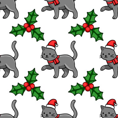 Noel Baba şapkaları ve kırmızı eşarplar takan sevimli gri kedileri içeren kusursuz bir Noel deseni..
