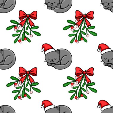 Noel Baba şapkalı uyuyan sevimli gri kediler ve kırmızı kurdeleli ökse otu filizleri eşliğinde kusursuz bir Noel deseni yaratarak büyüleyici bir şenlik tasarımı yaratıyor..