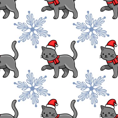 Noel Baba şapkaları ve kırmızı eşarplar takan sevimli gri kedilerin beyaz arka planda, şenlikli kış için ideal, renkli açık mavi kar taneleriyle neşe içinde kaynaştığı kusursuz vektör deseni....