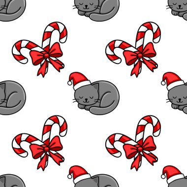 Noel Baba 'nın kırmızı kurdelelerle bağlanmış Noel Baba şapkaları ve şeker kamışları takan sevimli gri kedileri içeren kusursuz bir Noel deseni. Bayram tasarımları için mükemmel..
