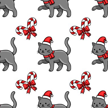 Noel Baba şapkaları ve kırmızı eşarplar takan sevimli gri kedilerin kırmızı kurdelelerle bağlanmış şeker kamışlarıyla neşeli ve büyüleyici bir kış şenliği yarattıkları kusursuz bir Noel deseni....