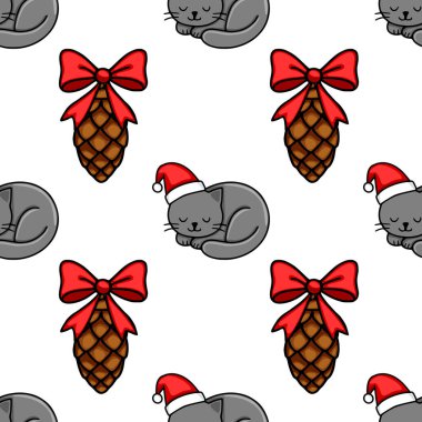 Noel Baba şapkalı ve çam kozalaklı sevimli gri kedilerin kırmızı fiyonklarla süslenip büyüleyici bir şenlik tasarımı yarattığı kusursuz bir Noel deseni..