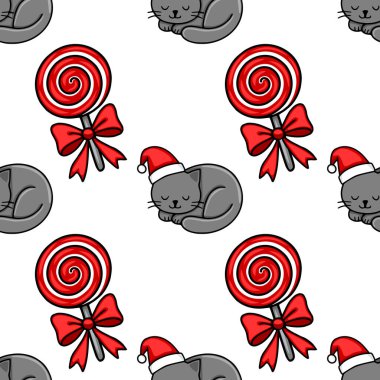 Noel Baba şapkası takan sevimli gri kediler ve fiyonklu kırmızı lolipoplar içeren kusursuz bir Noel deseni, neşeli ve eğlenceli bir tasarım yaratıyor..