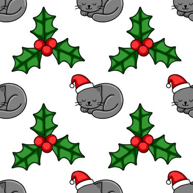 Noel Baba şapkası takan sevimli gri kediler ve kırmızı böğürtlenli şenlikli çoban püskülleri giyip büyüleyici ve eğlenceli bir tatil tasarımı yaratan kusursuz bir Noel deseni..