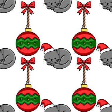 Noel Baba şapkası takan, kırmızı ve kırmızı fiyonklu yeşil takılar takan sevimli, uyuyan gri kedileri içeren kusursuz bir Noel deseni..