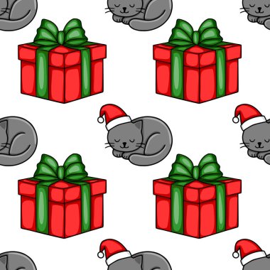 Noel Baba şapkası takan sevimli gri kedileri ve yeşil kurdeleli kırmızı hediye kutularını içeren kusursuz bir Noel deseni..