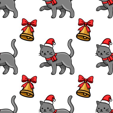 Noel Baba şapkaları ve kırmızı eşarplar takan sevimli gri kedilerin kırmızı kurdelelerle süslenmiş altın çanlar eşliğinde büyüleyici bir şenlik tasarımı yaratan kusursuz bir Noel deseni..