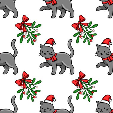 Noel Baba şapkaları ve kırmızı eşarplar takan sevimli gri kedilerin kırmızı kurdelelerle bağlanmış ökseotu dallarıyla birleşerek şenlikli ve eğlenceli bir tasarım yarattıkları kusursuz bir Noel deseni..