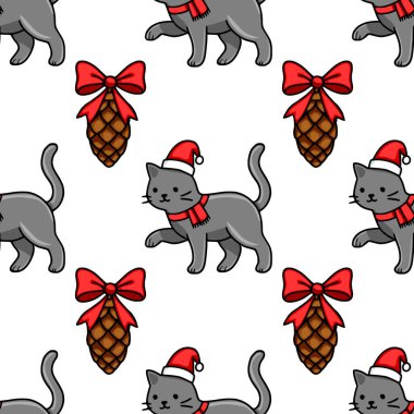 Noel Baba şapkaları ve kırmızı eşarplar takan sevimli gri kedilerin kırmızı kurdelelerle süslenmiş çam kozalaklarıyla şakalaşarak büyüleyici bir Noel tasarımı oluşturduğu kusursuz vektör deseni..