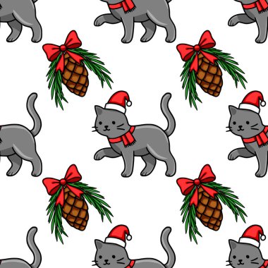 Noel Baba şapkaları ve kırmızı eşarplar takan sevimli gri kedilerin, neşeli kırmızı fiyonklarla süslenmiş kozalaklarla neşe içinde etkileşime geçtiği kusursuz bir Noel deseni..