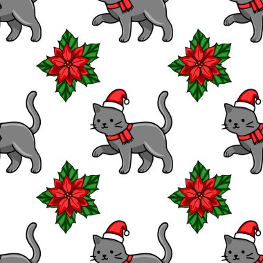 Noel Baba şapkaları ve kırmızı eşarplar takan sevimli gri kedilerin Noel şenlikli bir kış tasarımı için canlı noktalı çiçeklerle karıştırıldığı kusursuz bir Noel deseni..