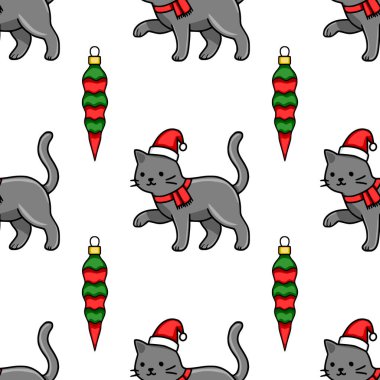 Noel Baba şapkaları ve kırmızı eşarplar takan sevimli gri kedilerin neşeli kırmızı ve yeşil süslemelerle süslendiği kusursuz bir Noel deseni..