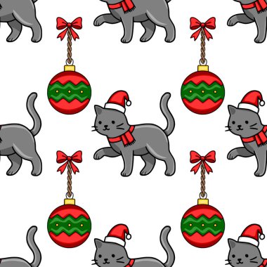 Noel Baba şapkalı ve kırmızı eşarplı sevimli gri kedileri, şenlikli kırmızı ve yeşil takılar ve fiyonklarla neşeyle etkileşime geçiren kusursuz bir Noel deseni..