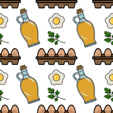Lezzetli bir vektör kusursuz desen. Kutuda neşeli bir yumurta düzenleme, bir şişe pişirme yağı, kızarmış yumurta ve taze maydanoz filizi, canlı ve iştah açıcı bir mutfak yaratıyor....