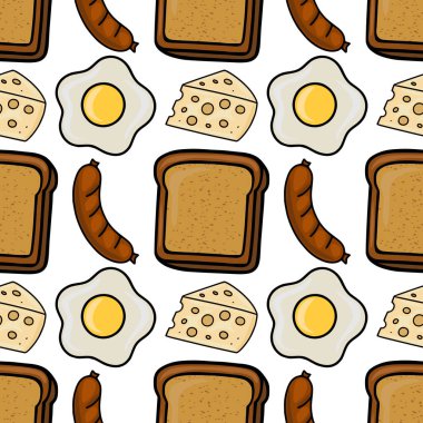 Mutfak tekstili veya ambalaj tasarımı için mükemmel kızarmış yumurta, tost, sosis ve peynirli neşeli bir kahvaltı illüstrasyonunu içeren kusursuz bir vektör deseni..