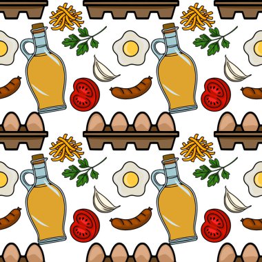 Yağda yumurta, sosis, domates, sarımsak, maydanoz, zeytinyağı ve yumurta kartonlarıyla neşeli bir kahvaltı teması sunan leziz dikişsiz vektör deseni..