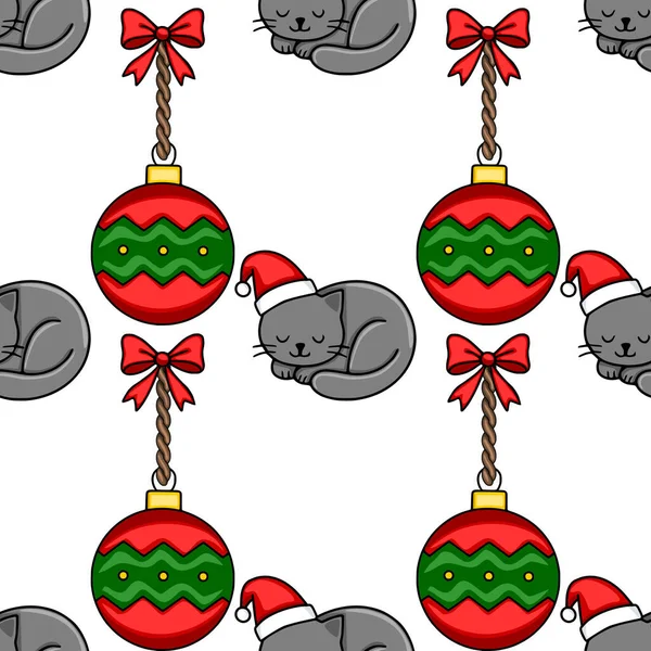 Noel Baba şapkası takan, kırmızı ve kırmızı fiyonklu yeşil takılar takan sevimli, uyuyan gri kedileri içeren kusursuz bir Noel deseni..