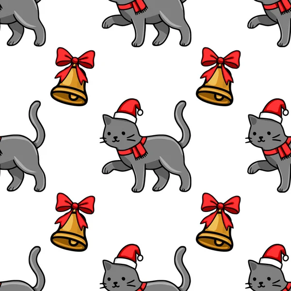 Noel Baba şapkaları ve kırmızı eşarplar takan sevimli gri kedilerin kırmızı kurdelelerle süslenmiş altın çanlar eşliğinde büyüleyici bir şenlik tasarımı yaratan kusursuz bir Noel deseni..