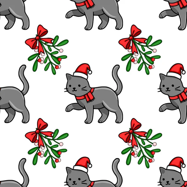 Noel Baba şapkaları ve kırmızı eşarplar takan sevimli gri kedilerin kırmızı kurdelelerle bağlanmış ökseotu dallarıyla birleşerek şenlikli ve eğlenceli bir tasarım yarattıkları kusursuz bir Noel deseni..