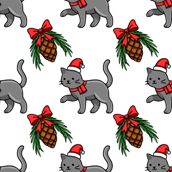 Noel Baba şapkaları ve kırmızı eşarplar takan sevimli gri kedilerin, neşeli kırmızı fiyonklarla süslenmiş kozalaklarla neşe içinde etkileşime geçtiği kusursuz bir Noel deseni..