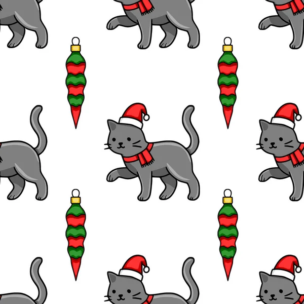 Noel Baba şapkaları ve kırmızı eşarplar takan sevimli gri kedilerin neşeli kırmızı ve yeşil süslemelerle süslendiği kusursuz bir Noel deseni..