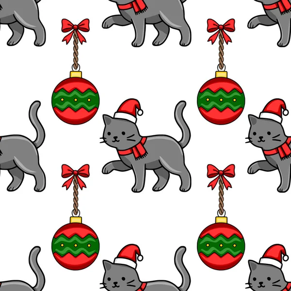 Noel Baba şapkalı ve kırmızı eşarplı sevimli gri kedileri, şenlikli kırmızı ve yeşil takılar ve fiyonklarla neşeyle etkileşime geçiren kusursuz bir Noel deseni..