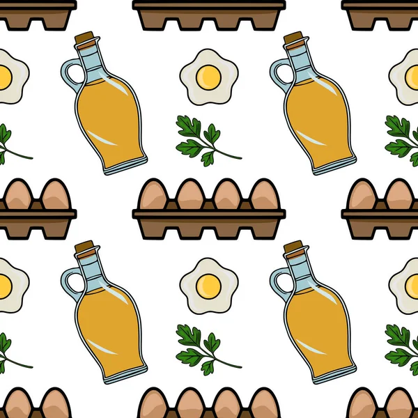 Lezzetli bir vektör kusursuz desen. Kutuda neşeli bir yumurta düzenleme, bir şişe pişirme yağı, kızarmış yumurta ve taze maydanoz filizi, canlı ve iştah açıcı bir mutfak yaratıyor....