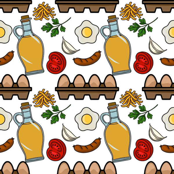 Yağda yumurta, sosis, domates, sarımsak, maydanoz, zeytinyağı ve yumurta kartonlarıyla neşeli bir kahvaltı teması sunan leziz dikişsiz vektör deseni..