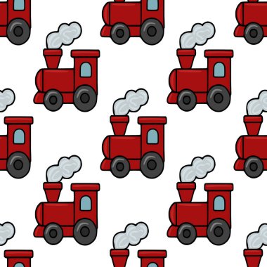 Çocuk tekstil tasarımları ya da neşeli ambalaj kağıtları için ideal, eğlenceli dumanlar saçan sevimli kırmızı oyuncak trenlerinin kusursuz vektör deseni.