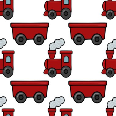 Neşeli bir Noel treninin kusursuz vektör deseni ve kırmızı arabaları, şenlikli arka planlar ve çocuk ürünleri için mükemmel..