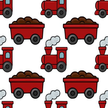 Şenlikli tasarımlar için mükemmel kırmızı ve kahverengi renkli büyüleyici bir Noel treni ve kömür vagonları içeren kusursuz bir vektör deseni..