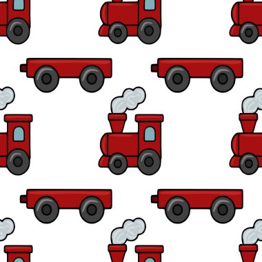 Büyüleyici kırmızı oyuncak tren ve vagonların kusursuz vektör deseni, neşeli Noel tasarımları için mükemmel, neşeli ve basit bir çizgi film tarzı var..