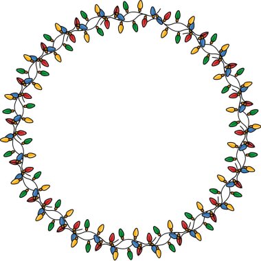 Şenlikli Noel vektör illüstrasyonu: renkli sicim ışıklarından oluşan dairesel bir çelenk, tatil tasarımları ve dekorasyonları için mükemmel.