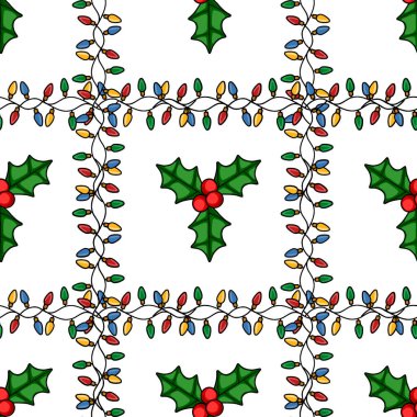 Renkli Noel ışıkları ve kutsal böğürtlenler içeren şenliksiz vektör deseni, kış tatili tasarımları ve şenlikli arka planlar için idealdir..